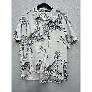 Jane + Delancey Giraffe Print Shirt Beige Linen Blend Button Down Jungle Safari
